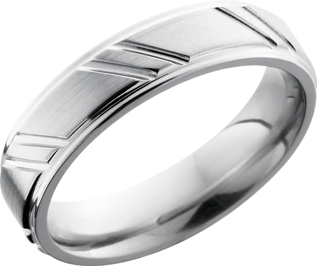 Cobalt chrome 5mm flat band with grooved edges and a striped pattern