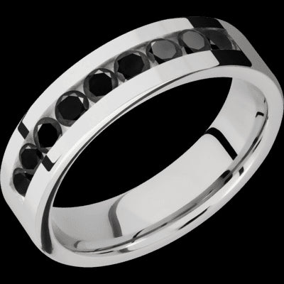 6 mm wide/Flat/Cobalt Chrome band with an  arrangement of 9, .1 carat Round Black Diamond stones in a Channel setting.