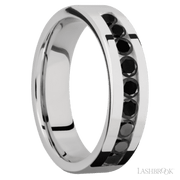 6 mm wide/Flat/Cobalt Chrome band with an  arrangement of 9, .1 carat Round Black Diamond stones in a Channel setting.