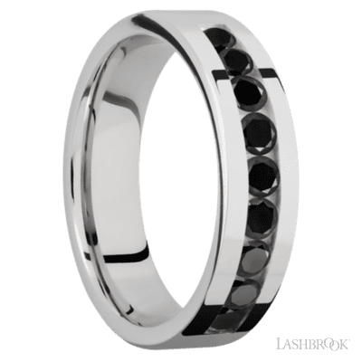 6 mm wide/Flat/Cobalt Chrome band with an  arrangement of 9, .1 carat Round Black Diamond stones in a Channel setting.