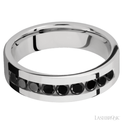 6 mm wide/Flat/Cobalt Chrome band with an  arrangement of 9, .1 carat Round Black Diamond stones in a Channel setting.