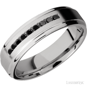 6 mm wide/Flat Grooved Edges/Cobalt Chrome band with an  arrangement of 9, .03 carat Round Black Diamond stones in a Channel setting.
