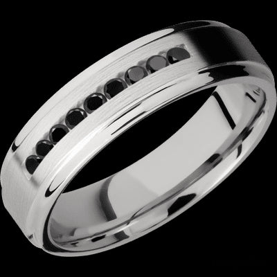 6 mm wide/Flat Grooved Edges/Cobalt Chrome band with an  arrangement of 9, .03 carat Round Black Diamond stones in a Channel setting.