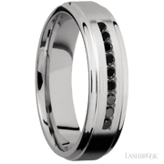 6 mm wide/Flat Grooved Edges/Cobalt Chrome band with an  arrangement of 9, .03 carat Round Black Diamond stones in a Channel setting.