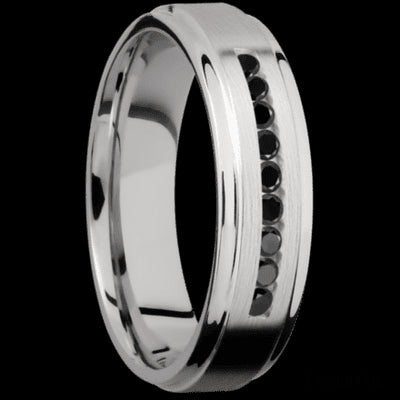 6 mm wide/Flat Grooved Edges/Cobalt Chrome band with an  arrangement of 9, .03 carat Round Black Diamond stones in a Channel setting.