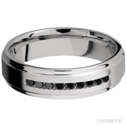 6 mm wide/Flat Grooved Edges/Cobalt Chrome band with an  arrangement of 9, .03 carat Round Black Diamond stones in a Channel setting.