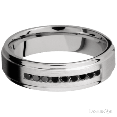 6 mm wide/Flat Grooved Edges/Cobalt Chrome band with an  arrangement of 9, .03 carat Round Black Diamond stones in a Channel setting.