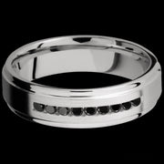 6 mm wide/Flat Grooved Edges/Cobalt Chrome band with an  arrangement of 9, .03 carat Round Black Diamond stones in a Channel setting.