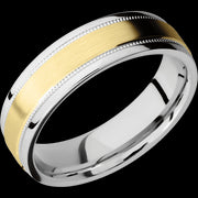 6 mm wide/Flat Stepped Edges Milgrain/Cobalt Chrome band with one 3 mm Raised Centered inlay of 14K Yellow Gold.