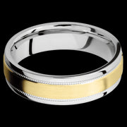 6 mm wide/Flat Stepped Edges Milgrain/Cobalt Chrome band with one 3 mm Raised Centered inlay of 14K Yellow Gold.