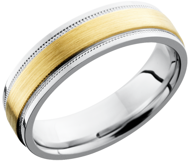 Cobalt chrome 6mm flat band with grooved edges and a 3mm inlay of 14K Yellow Gold