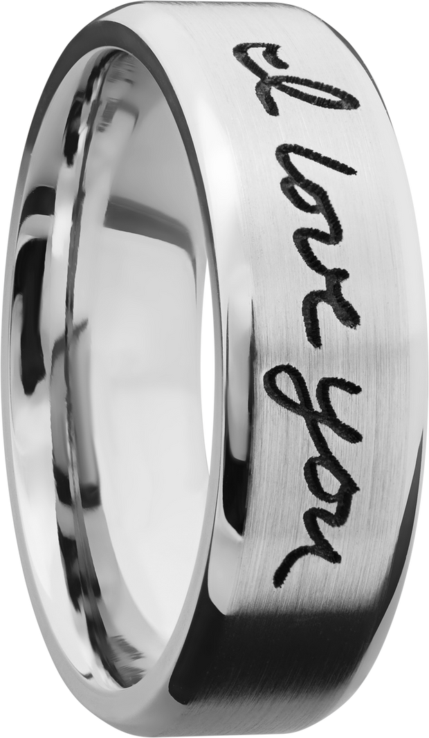 Cobalt chrome 7mm beveled band with laser-carved handwriting