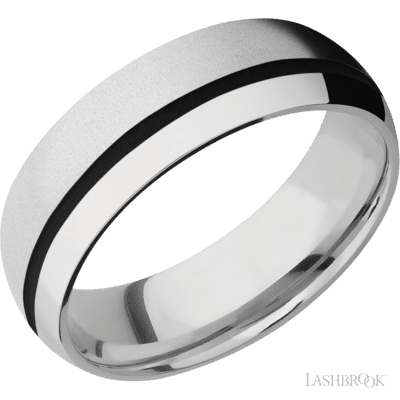 7 mm wide/Domed/Cobalt Chrome band with one 1 mm Off Center inlay of Black.