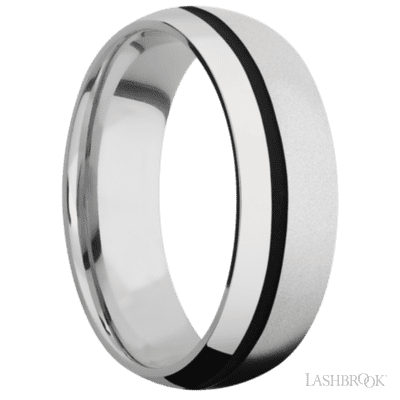 7 mm wide/Domed/Cobalt Chrome band with one 1 mm Off Center inlay of Black.