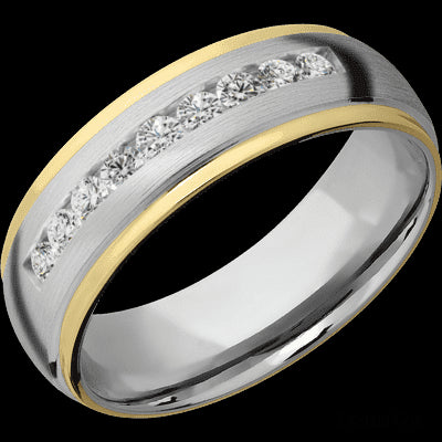 7 mm wide/Domed Stepped Down Edges/Cobalt Chrome band with  two 1 mm Edge inlays of 14K Yellow Gold and featuring an  arrangement of 9, .05 carat Round Diamond stones in a Channel setting