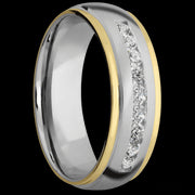 7 mm wide/Domed Stepped Down Edges/Cobalt Chrome band with  two 1 mm Edge inlays of 14K Yellow Gold and featuring an  arrangement of 9, .05 carat Round Diamond stones in a Channel setting