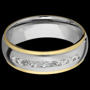 7 mm wide/Domed Stepped Down Edges/Cobalt Chrome band with  two 1 mm Edge inlays of 14K Yellow Gold and featuring an  arrangement of 9, .05 carat Round Diamond stones in a Channel setting