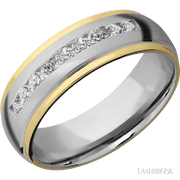 7 mm wide/Domed Stepped Down Edges/Cobalt Chrome band with an  arrangement of 9, .05 carat Round Lab Grown Diamond stones in a Channel setting and featuring two 1 mm Edge inlays of 14K Yellow Gold