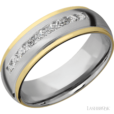 7 mm wide/Domed Stepped Down Edges/Cobalt Chrome band with an  arrangement of 9, .05 carat Round Lab Grown Diamond stones in a Channel setting and featuring two 1 mm Edge inlays of 14K Yellow Gold