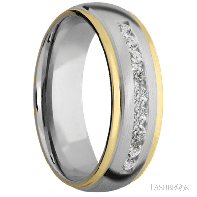 7 mm wide/Domed Stepped Down Edges/Cobalt Chrome band with an  arrangement of 9, .05 carat Round Lab Grown Diamond stones in a Channel setting and featuring two 1 mm Edge inlays of 14K Yellow Gold