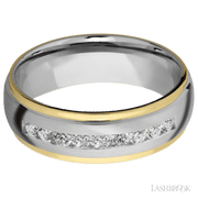 7 mm wide/Domed Stepped Down Edges/Cobalt Chrome band with an  arrangement of 9, .05 carat Round Lab Grown Diamond stones in a Channel setting and featuring two 1 mm Edge inlays of 14K Yellow Gold