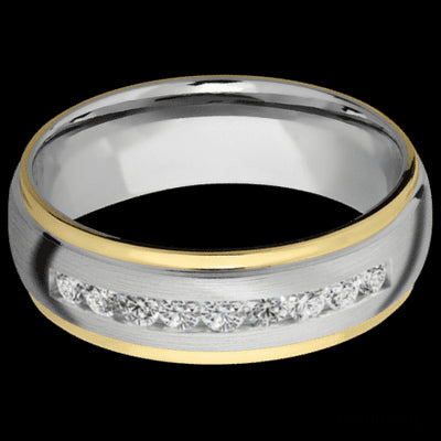 7 mm wide/Domed Stepped Down Edges/Cobalt Chrome band with an  arrangement of 9, .05 carat Round Lab Grown Diamond stones in a Channel setting and featuring two 1 mm Edge inlays of 14K Yellow Gold