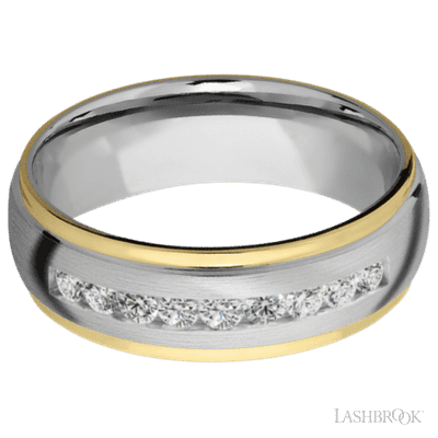 7 mm wide/Domed Stepped Down Edges/Cobalt Chrome band with an  arrangement of 9, .05 carat Round Lab Grown Diamond stones in a Channel setting and featuring two 1 mm Edge inlays of 14K Yellow Gold