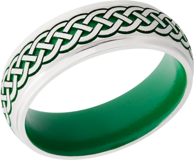 Cobalt chrome 7mm domed band with grooved edges a laser-carved Celtic pattern featuring Cerakote