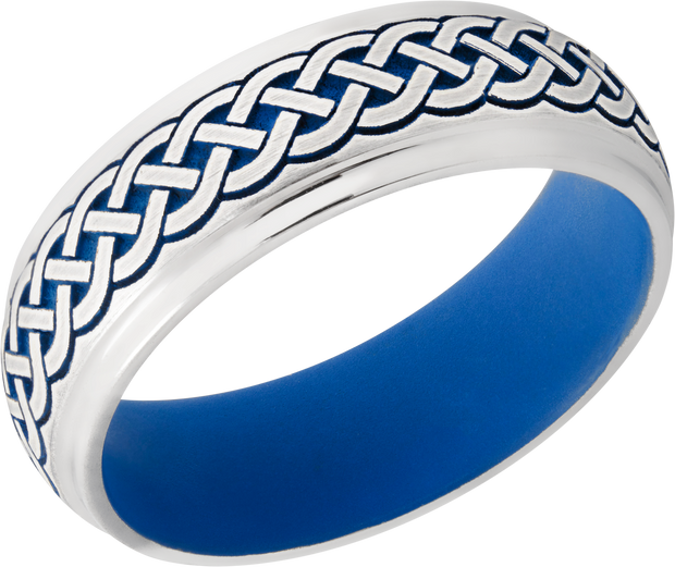 Cobalt chrome 7mm domed band with grooved edges a laser-carved Celtic pattern featuring Royal Blue Cerakote