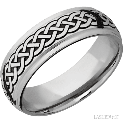 7 mm wide/Domed Stepped Down Edges/Cobalt Chrome band with a laser carved Celtic 9 pattern.