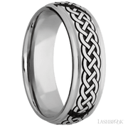7 mm wide/Domed Stepped Down Edges/Cobalt Chrome band with a laser carved Celtic 9 pattern.