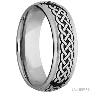 7 mm wide/Domed Stepped Down Edges/Cobalt Chrome band with a laser carved Celtic 9 pattern.