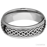 7 mm wide/Domed Stepped Down Edges/Cobalt Chrome band with a laser carved Celtic 9 pattern.