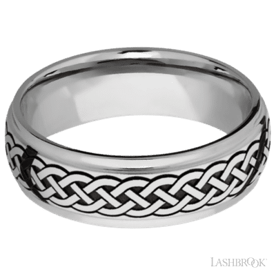 7 mm wide/Domed Stepped Down Edges/Cobalt Chrome band with a laser carved Celtic 9 pattern.