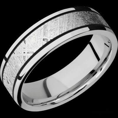 7 mm wide/Flat/Cobalt Chrome band with one 4 mm Centered inlay of Meteorite.