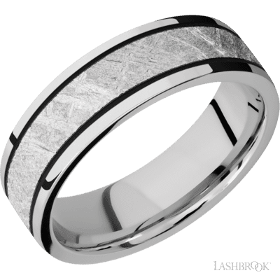 7 mm wide/Flat/Cobalt Chrome band with one 4 mm Centered inlay of Meteorite.