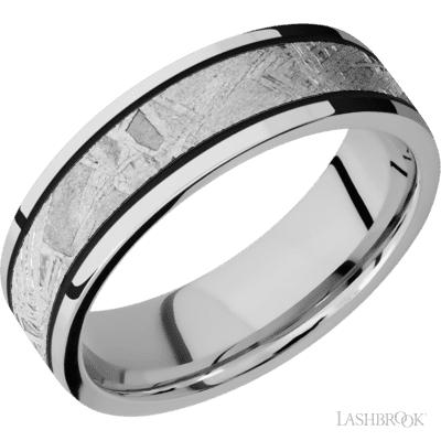 7 mm wide/Flat/Cobalt Chrome band with one 4 mm Centered inlay of Meteorite.