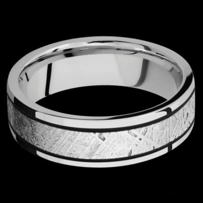 7 mm wide/Flat/Cobalt Chrome band with one 4 mm Centered inlay of Meteorite.