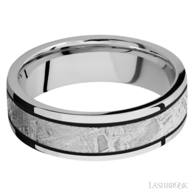 7 mm wide/Flat/Cobalt Chrome band with one 4 mm Centered inlay of Meteorite.