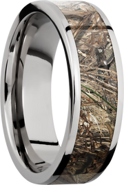 Cobalt chrome 7mm flat band with a 5mm inlay of Mossy Oak Duck Blind Camo