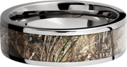 Cobalt chrome 7mm flat band with a 5mm inlay of Mossy Oak Duck Blind Camo