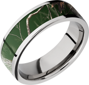 Cobalt chrome 7mm flat band with a 5mm inlay of Realtree APC Green Camo