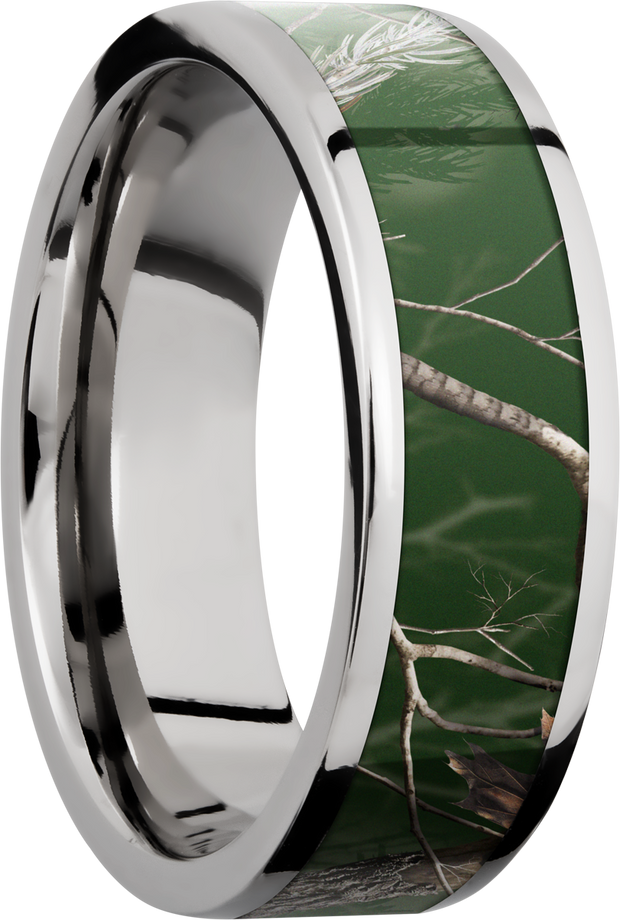 Cobalt chrome 7mm flat band with a 5mm inlay of Realtree APC Green Camo