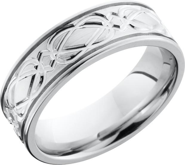Cobalt chrome 7mm flat band with 2, .5mm grooves and a laser-carved Celtic weave pattern around the band