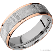 7 mm wide/Flat Grooved Edges/Cobalt Chrome band featuring inlays of Meteorite and 14K Rose Gold.