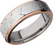 Cobalt chrome 7mm flat band with an inlay of authentic Gibeon Meteorite and 14K rose gold edges