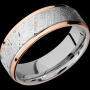 7 mm wide/Flat Grooved Edges/Cobalt Chrome band featuring inlays of Meteorite and 14K Rose Gold.