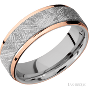 7 mm wide/Flat Grooved Edges/Cobalt Chrome band featuring inlays of Meteorite and 14K Rose Gold.