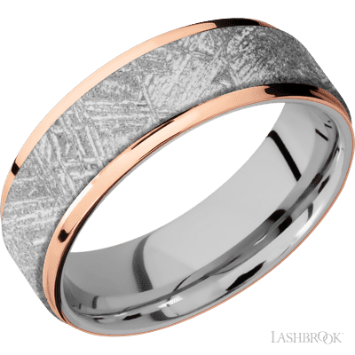 7 mm wide/Flat Grooved Edges/Cobalt Chrome band featuring inlays of Meteorite and 14K Rose Gold.