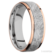 7 mm wide/Flat Grooved Edges/Cobalt Chrome band featuring inlays of Meteorite and 14K Rose Gold.